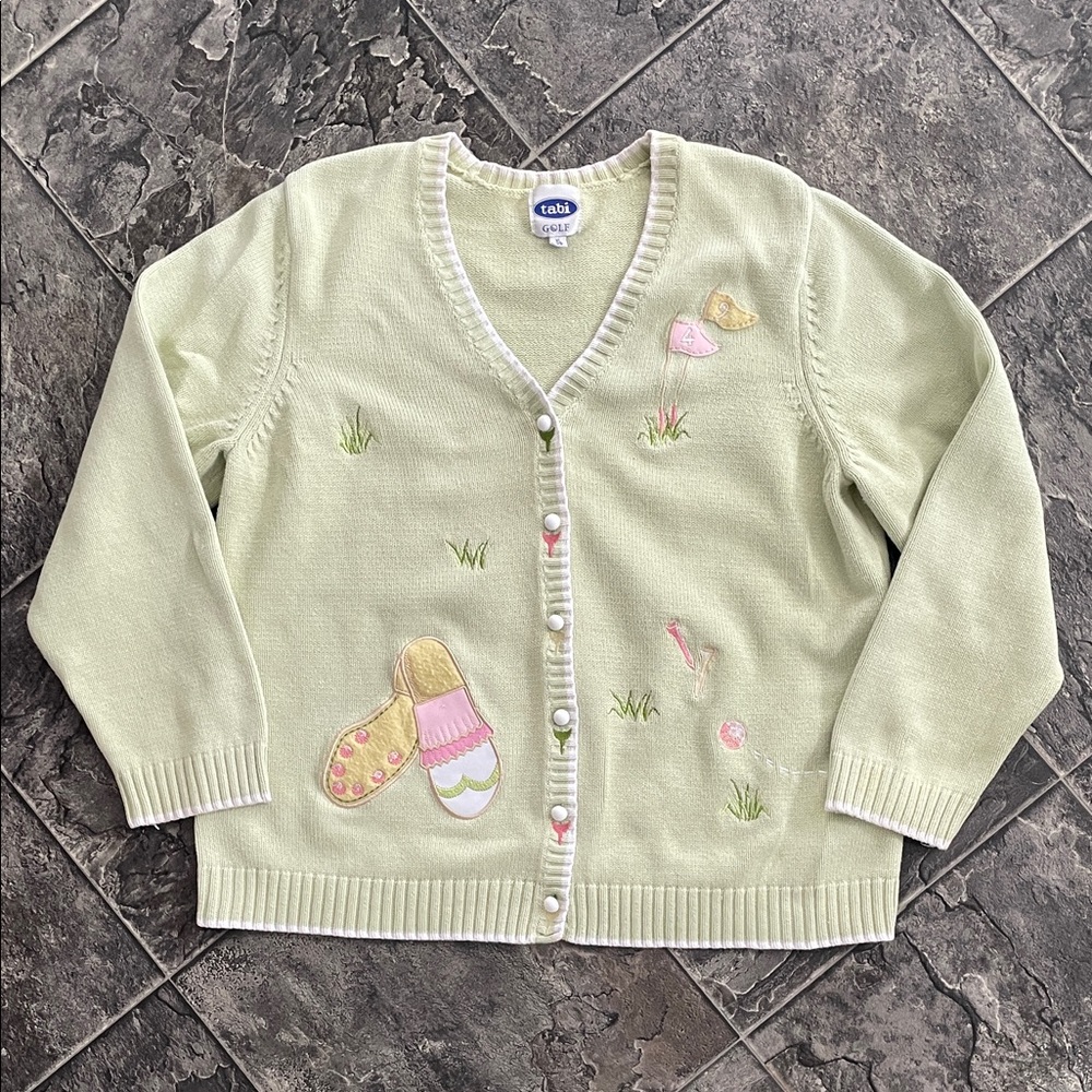 TABI GOLF Knit Button Cardigan Soft Green w Embroidered Appliqué 100% Cotton